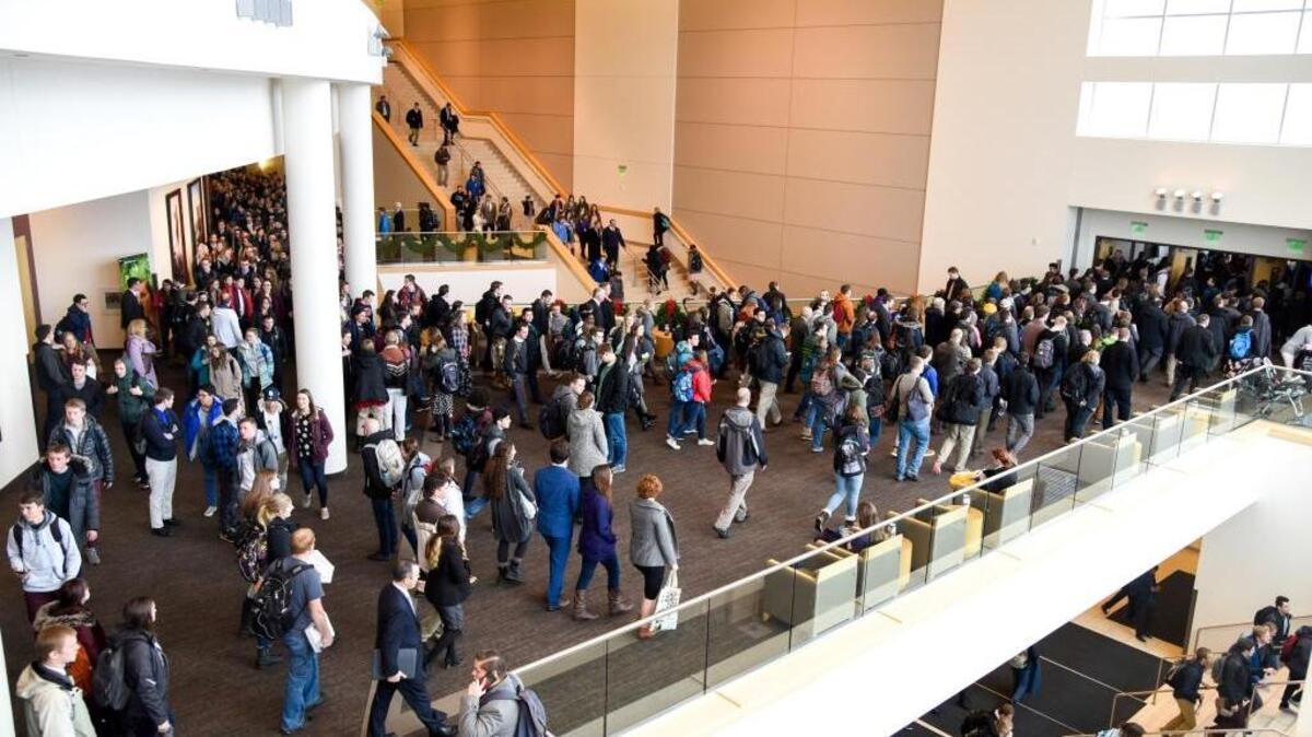 Student traffic as they leave to the first devotional of Winter Semester at BYU-Idaho.