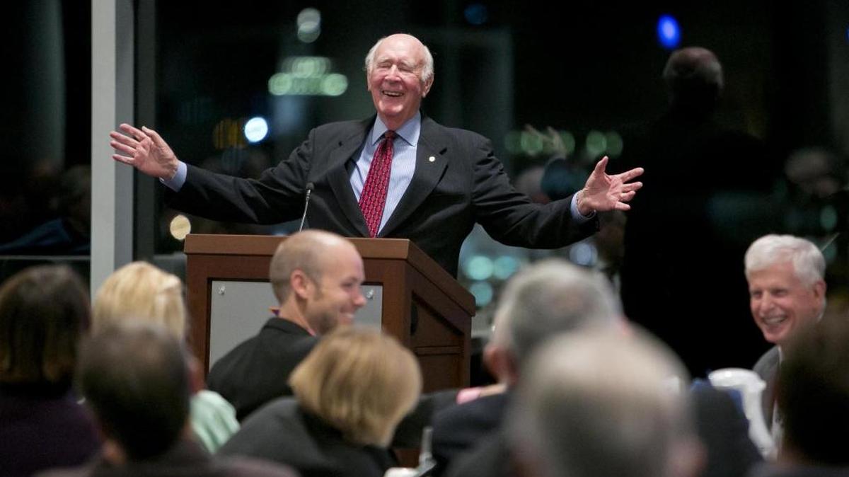 Cecil Andrus addresses an audience after being presented with the Frank and Bethine Church Award for Public Service in 2014.