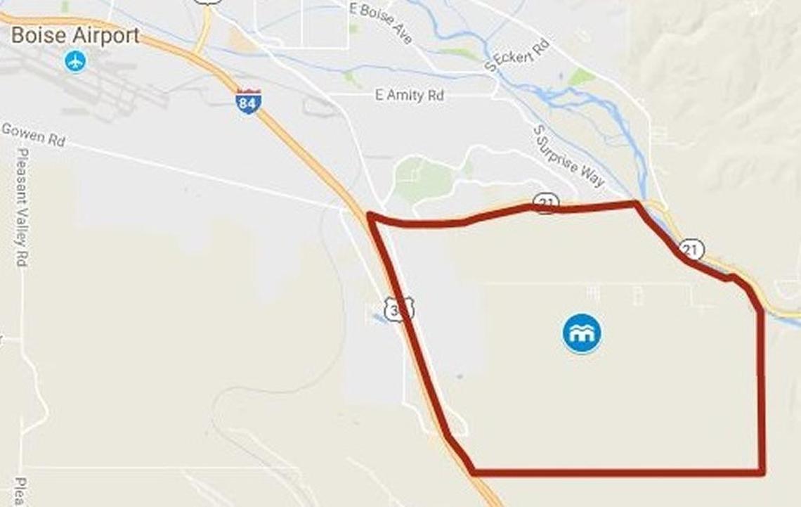 The Columbia Bench area, in red, is more than 6 square miles of mostly county land that would be annexed by Boise.