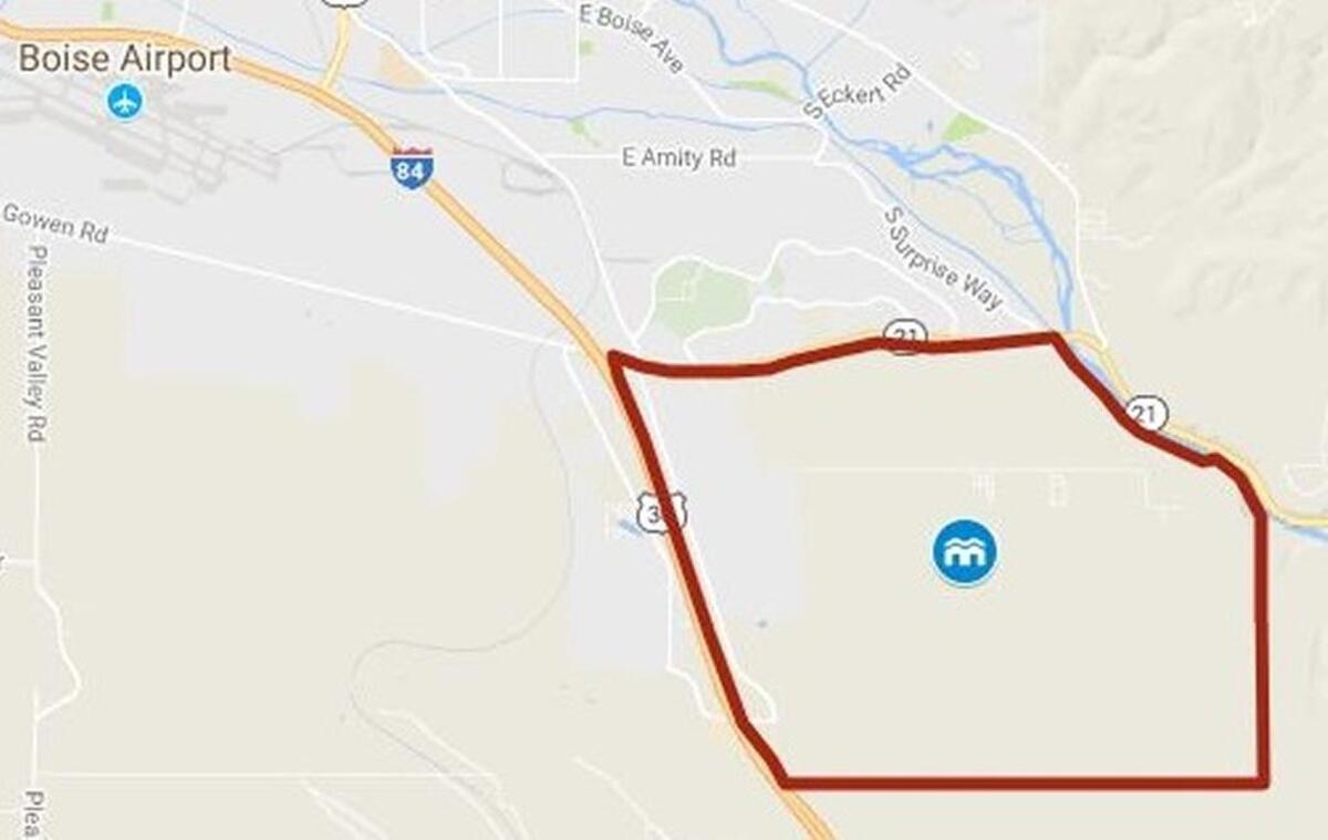 The Columbia Bench area, in red, is more than 6 square miles of mostly county land that would be annexed by Boise.