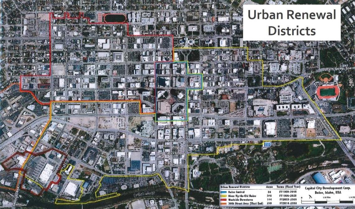 A map of Boise’s urban renewal districts from a September 2016 presentation to the Downtown Leadership Working Group, made up of public officials from the city of Boise, Greater Boise Auditorium District and Capital City Development Corp. The dark red outline at lower left shows the rough area where a sports stadium and other new development would be built, financed through the carving-out of a new district.