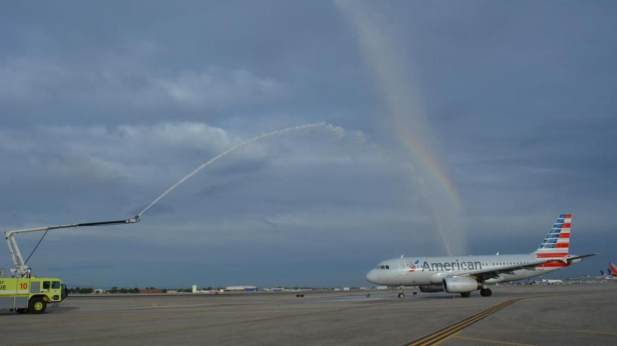 The Boise Fire Department shot a ceremonial jet of water over the first plane on the new flight.