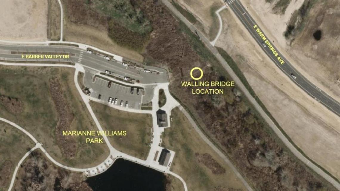 This aerial illustration shows the location (circle labled “Walling Bridge”) of a bridge that will connect Marianne Williams Park to the Harris Ranch neighborhood.