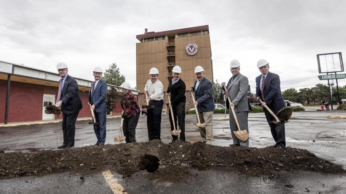Local officials and business leaders break ground Wednesday on New Path Community Housing, an apartment project for chronically homeless people on Fairview Avenue between 22nd and 23rd streets in Boise. From left: Rodney Reider, president and CEO of Saint Alphonsus Health System; Chris Roth, senior vice president and COO of St. Luke’s Health System; Deanna Watson, executive director of Boise City/Ada County Housing Authority; Tom Mannschreck, founding board member of Northwest Integrity Housing Co.; Caleb Roope, president of Pacific West Communities, Inc.; Boise Mayor David Bieter; Ada County Commissioner Dave Case; Gerald Hunter, president and executive director of Idaho Housing and Finance Association.