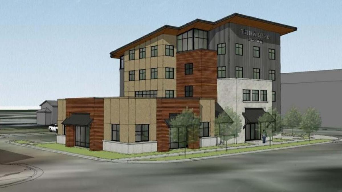 A view from the northwest of a mixed-use building proposed for the corner 13th and River streets in Boise.