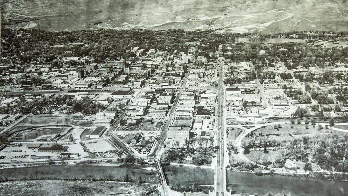 A new home for the Boise Hawks wouldn’t be the first baseball park in Downtown Boise. The left side of this picture, which hangs on the wall at the headquarters of F.M. Inc. in Boise, shows Riverside Park, built in 1903. The park hosted professional baseball games until 1912; youth leagues kept playing there into the 1950s. The photo is thought to have been taken around 1950.