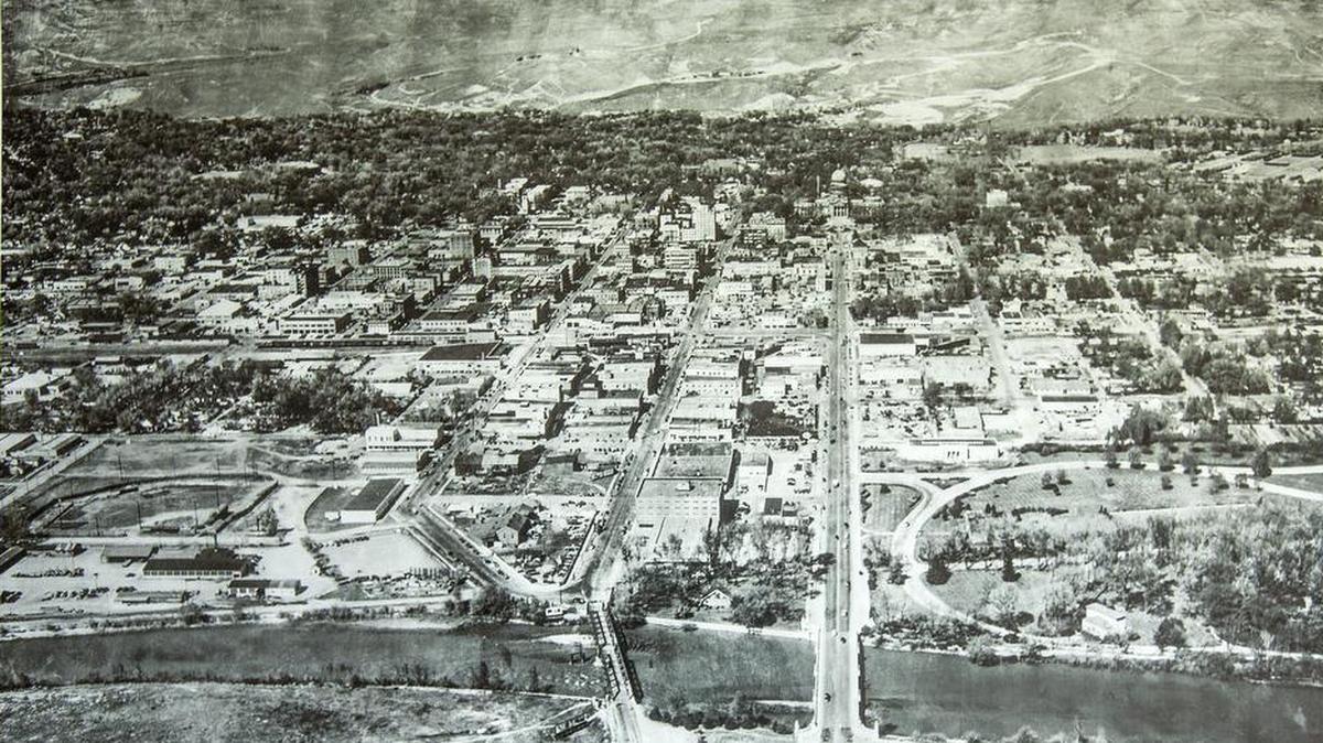 A new home for the Boise Hawks wouldn’t be the first baseball park in Downtown Boise. The left side of this picture, which hangs on the wall at the headquarters of F.M. Inc. in Boise, shows Riverside Park, built in 1903. The park hosted professional baseball games until 1912; youth leagues kept playing there into the 1950s. The photo is thought to have been taken around 1950.