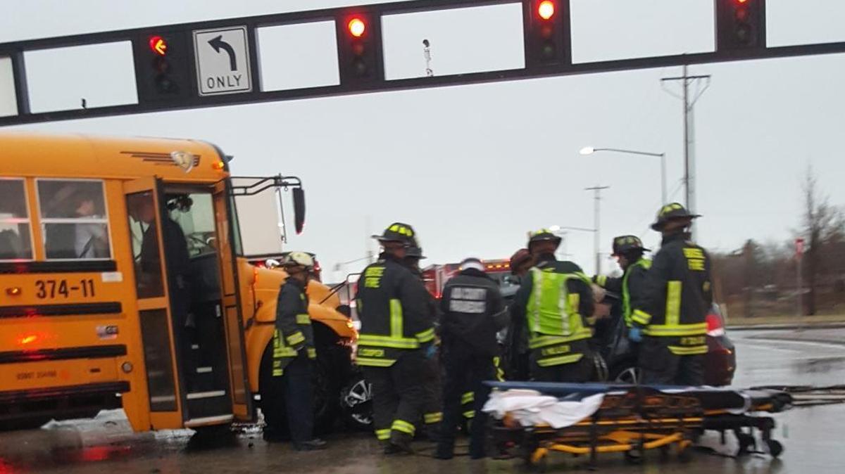This school bus appeared to have collided head-on with a car Friday morning at Cole and Overland in Boise.