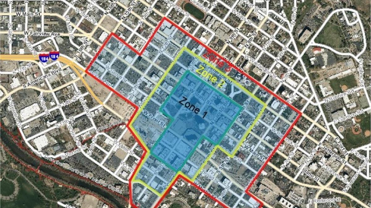 This map shows three proposed Downtown Boise zones, each of which would have a different fee structure for metered parking.