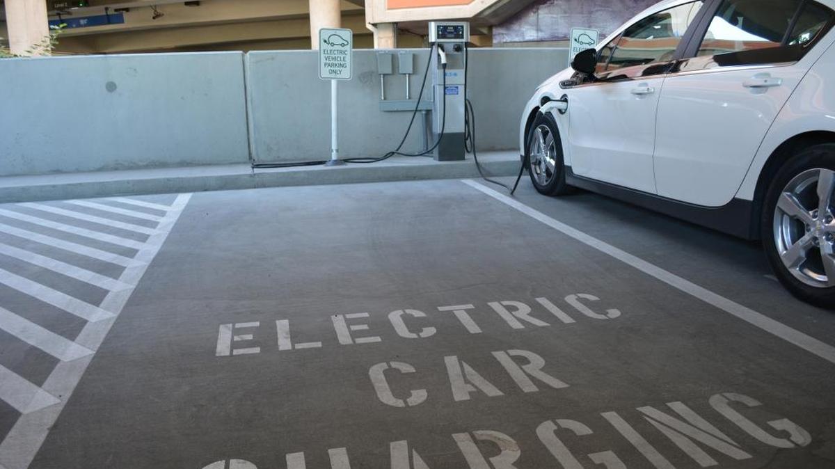 A charging station at the Boise Airport for plug-in all-electric and hybrid vehicles.