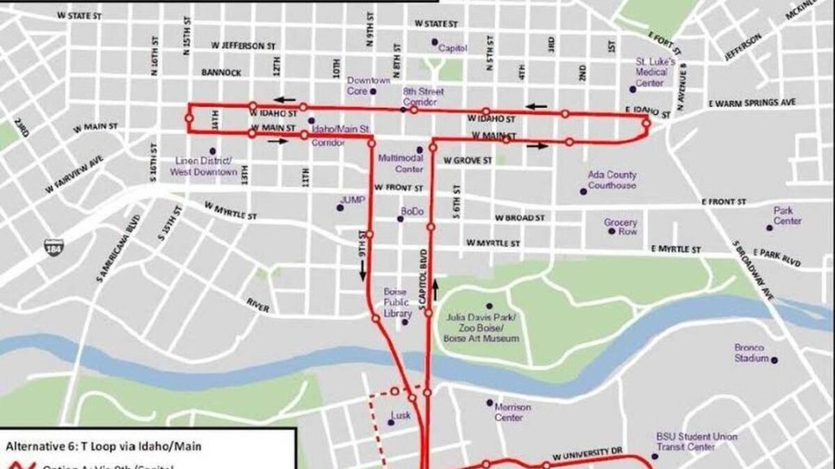 The latest proposed route for a potential new Downtown Boise transit system.