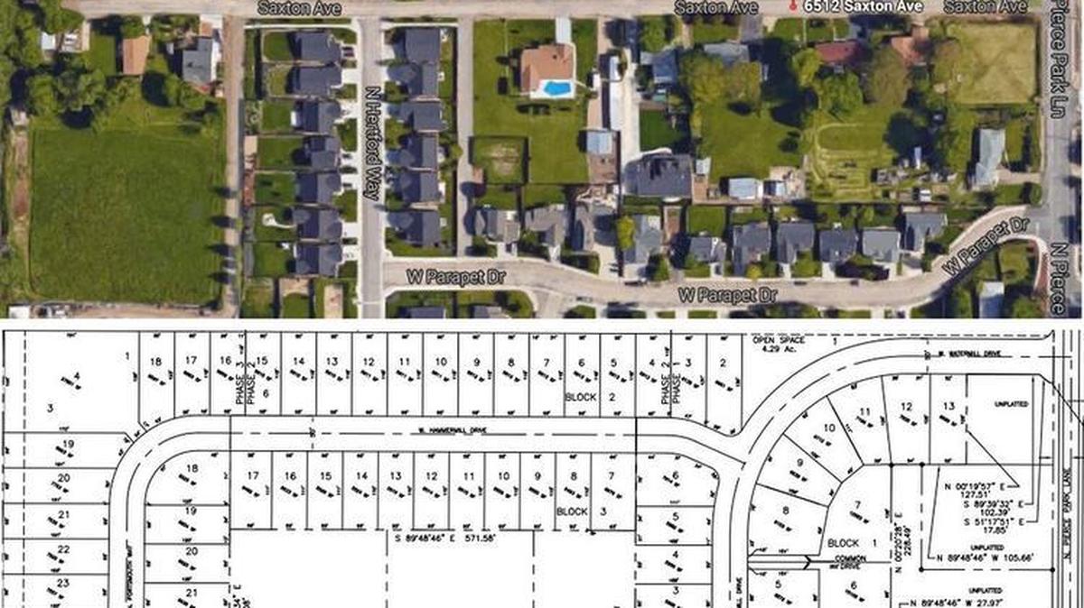The top image shows the undeveloped 18 acres in Northwest Boise where Michael Kaltencker hopes to build 68 homes. The bottoms image shows the proposed plat.