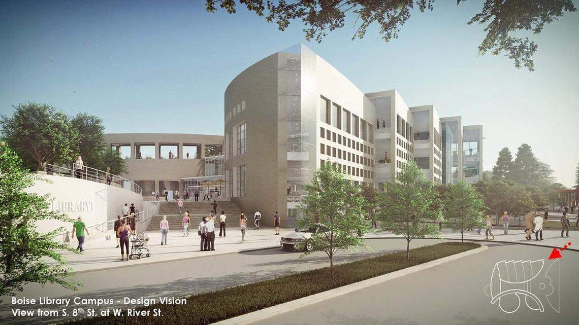 Architects designed Boise's proposed new main library to offer access from the building's northwest (shown here) and northeast corners.