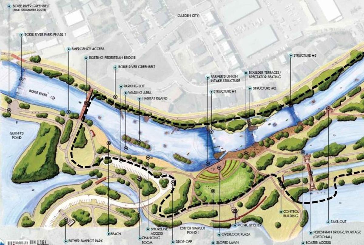 This map shows the Boise whitewater park’s second phase. Garden City is at the top. The wave shapers are deep blue, with the 5-year-old first one at far left.