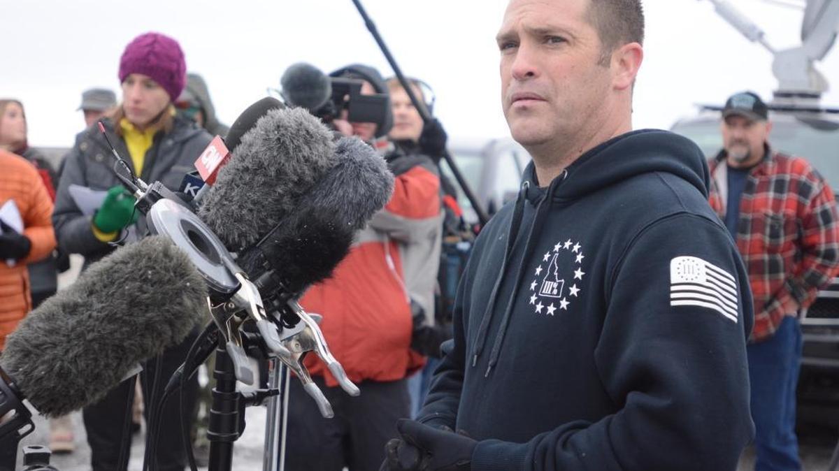Brandon Curtiss speaks to reporters at the Malheur Wildlife Refuge after he and other armed members of the Pacific Patriot Network from Idaho, Washington and Oregon arrived during occupation of the wildlife refuge outside Burns, Ore., in January.