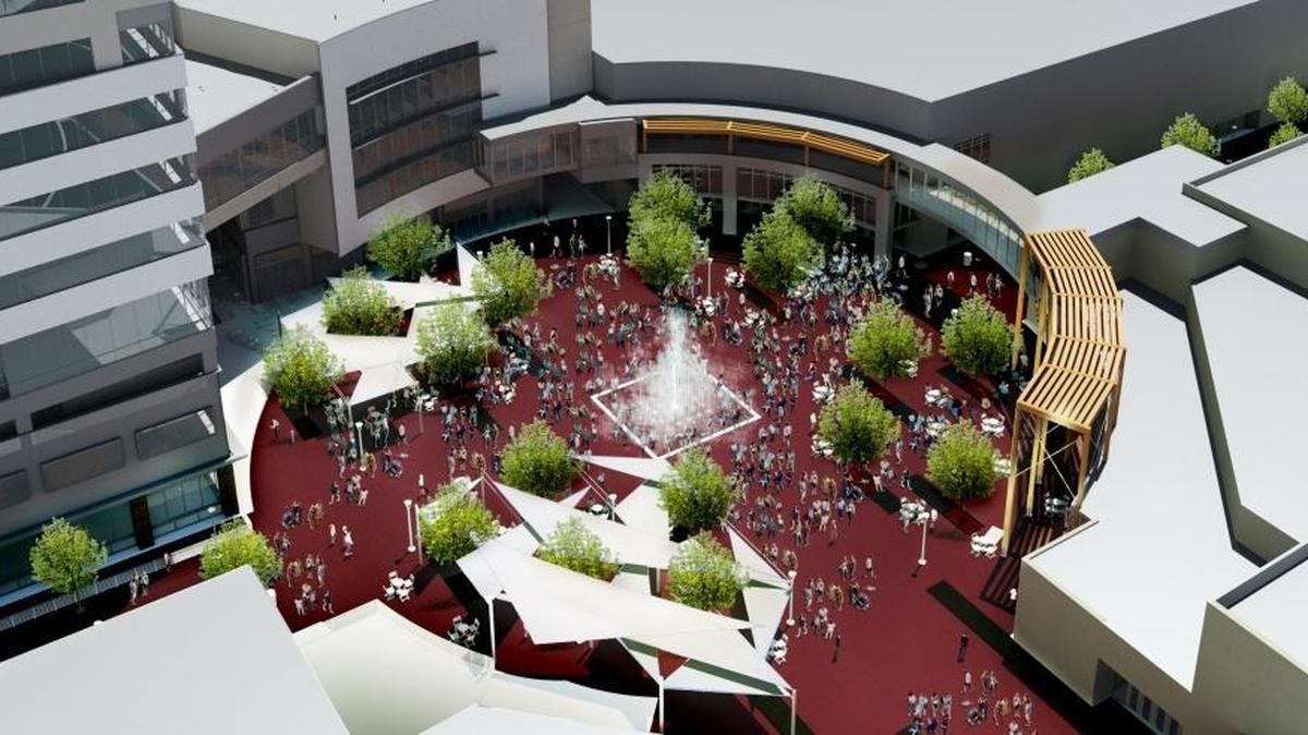 A rendering of what The Grove Plaza will look like from the northeast after renovation.
