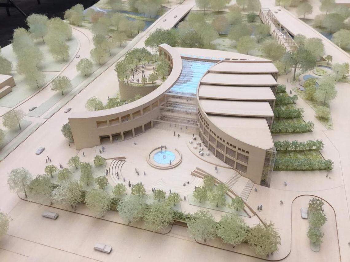 This three-dimensional model shows Boise’s proposed new main library. The entryway and plaza in front would be on the north side, facing River Street.