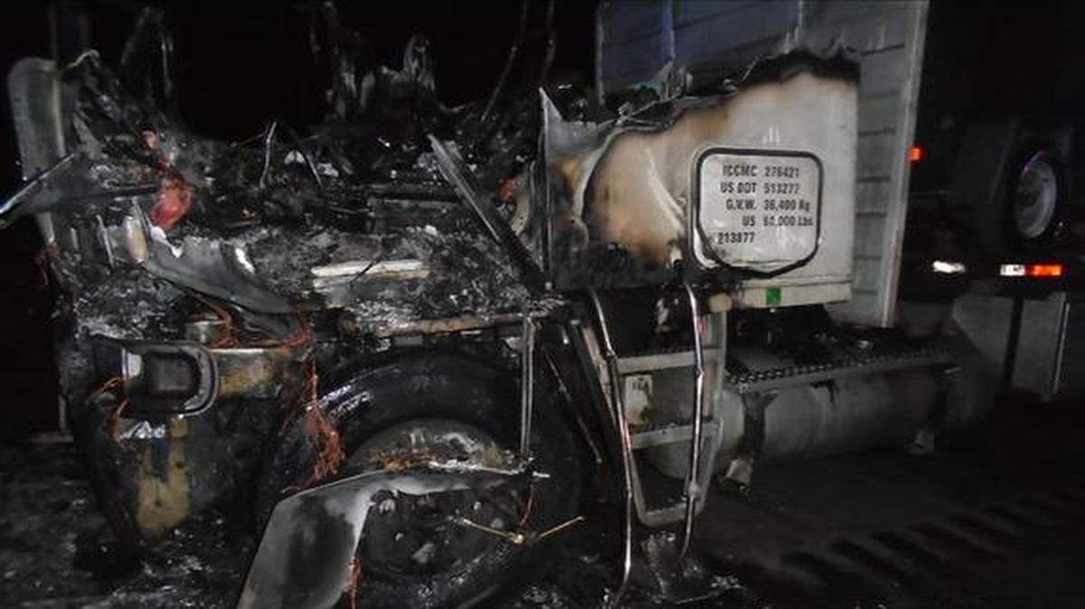 This vehicle was damaged when two semi-trucks collided in a crash on Interstate 84 in Elmore County on Tuesday night.