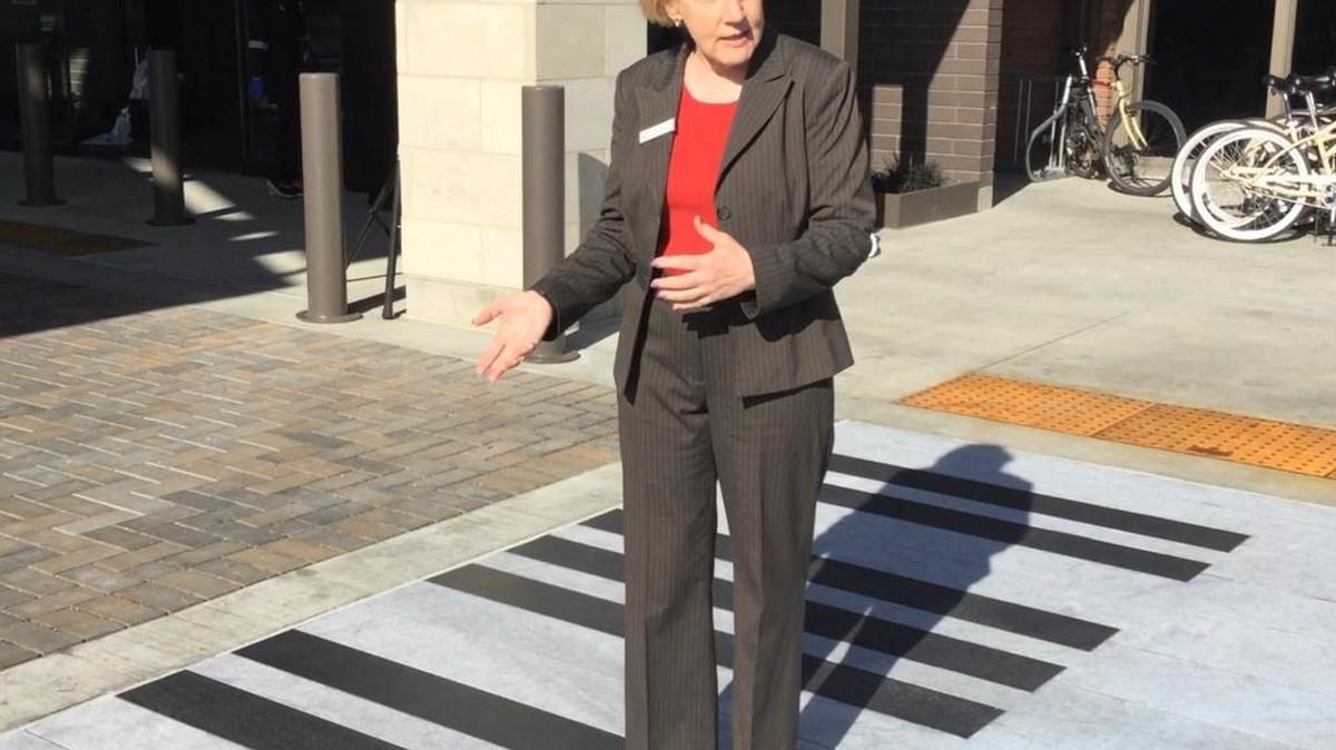 Riverside Hotel General Manager Kathy Pidgeon shows off the hotel’s entrance renovations Tuesday, including the new piano walk.