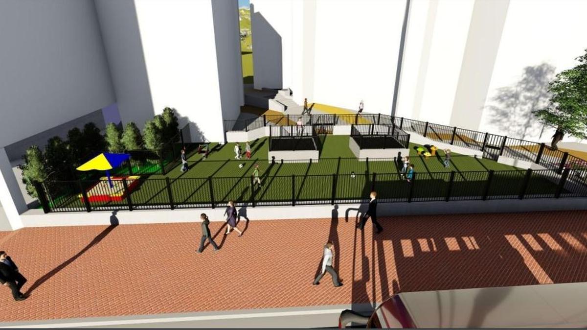 A fenced area east of the U.S. Bank tower would be for recreation.