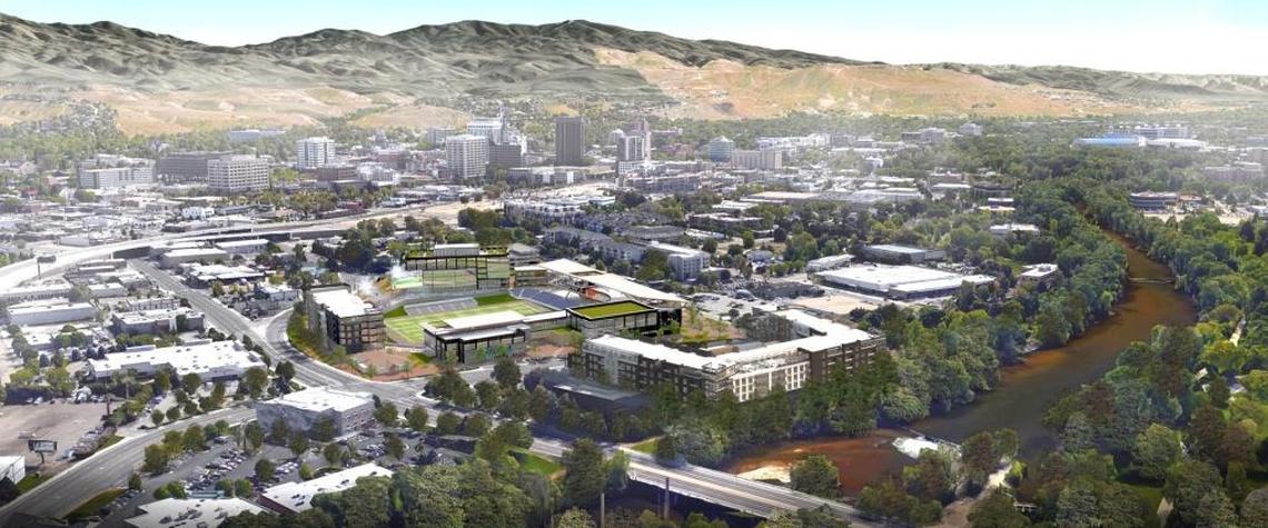 The stadium rendering inserted into this photo will not be built there after all, but the site is part of the proposed Shoreline Urban Renewal District. City officials want to use tax revenue to encourage private development in the area.