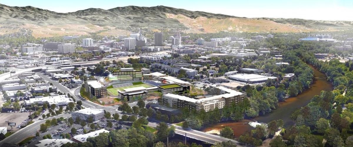 The stadium rendering inserted into this photo will not be built there after all, but the site is part of the proposed Shoreline Urban Renewal District. City officials want to use tax revenue to encourage private development in the area.