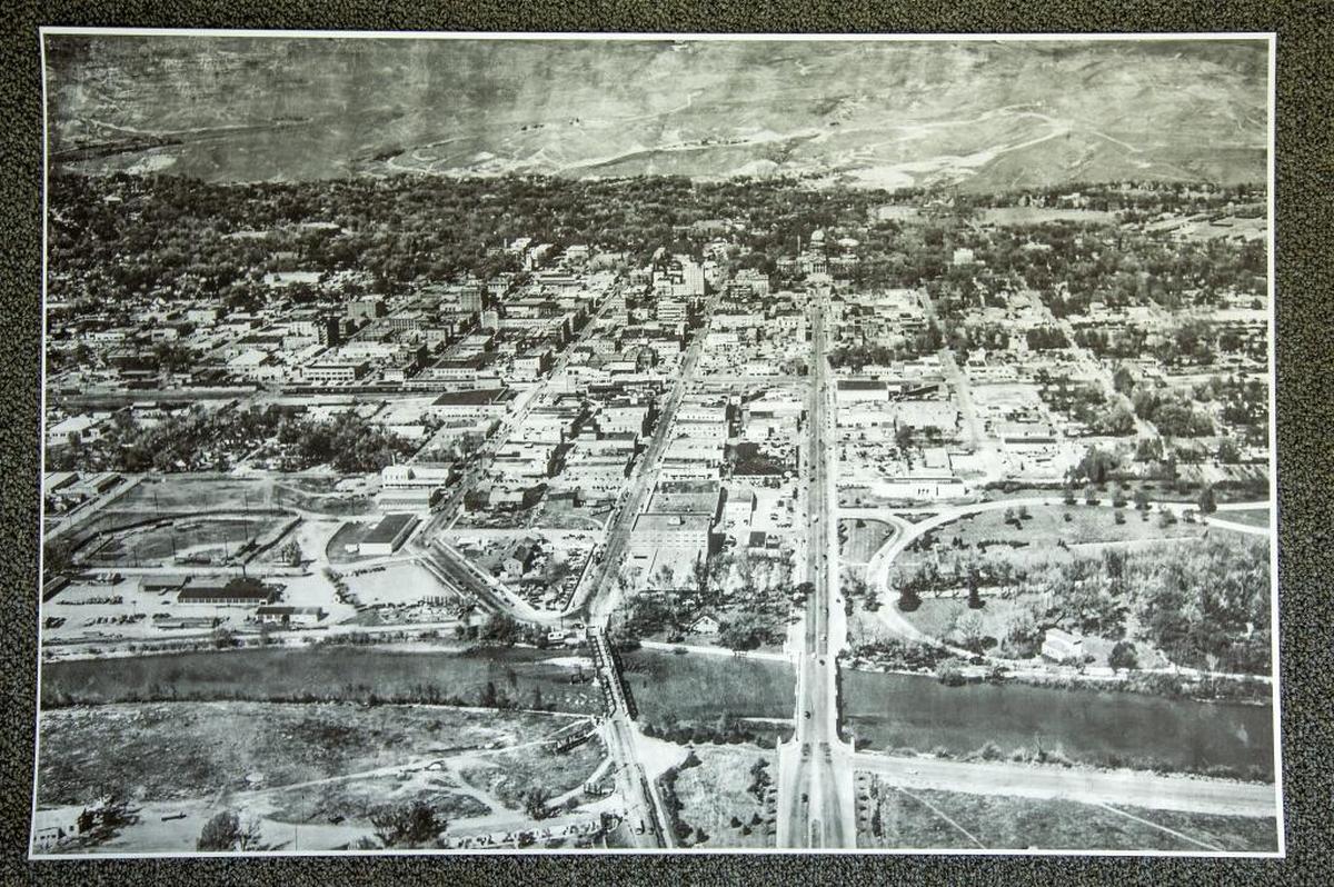 A new home for the Boise Hawks wouldn’t be the first baseball park in Downtown Boise. The left side of this picture, which hangs on the wall at the headquarters F.M. Inc. in Boise, shows Riverside Park, built in 1903. The park hosted professional baseball games until 1912; youth leagues kept playing there into the 1950s. The photo is thought to have been taken around 1950.