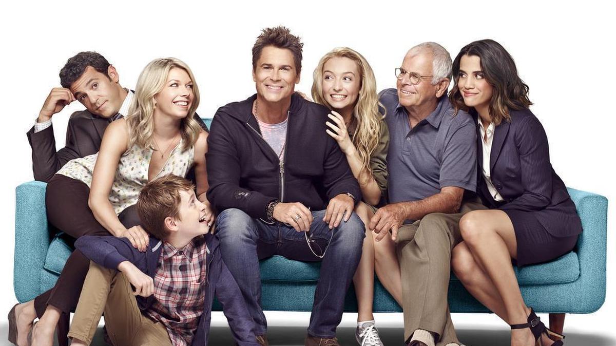 Left to right: Fred Savage, Mary Elizabeth Ellis, Connor Kalopsis, Rob Lowe, Hana Hayes, William Devane and Natalie Morales on “The Grinder.”