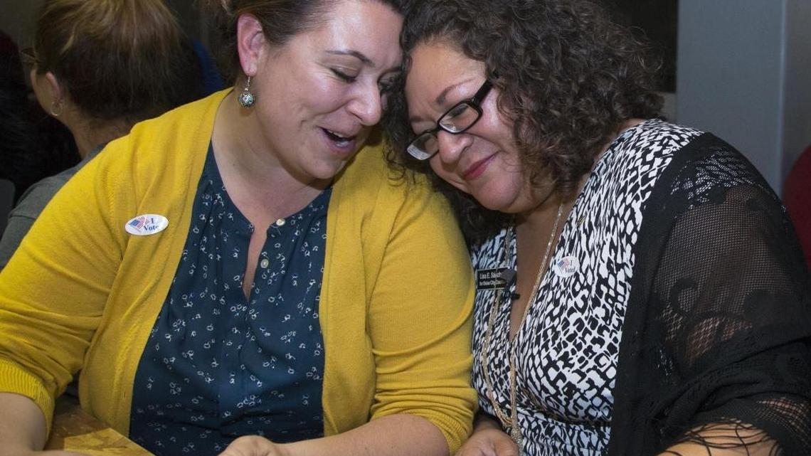 Brooke Green, left, shares convincing election results with Boise City Council candidate Lisa Sanchez as her supporters celebrate the campaign at St. Lawrence Gridiron Tuesday night in Downtown Boise. Sanchez thinks her opposition to bringing F-35s to Boise helped her candidacy in neighborhoods near the Boise Airport, where the F-35s would take off and land. She also thinks she tapped into a broader concern about the pace of change and development in Boise.