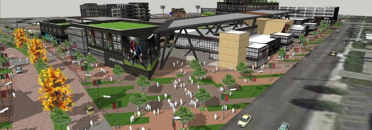 This rendering shows what the entrance to a new Downtown Boise stadium could look like from the corner of 14th Street (right) and Shoreline Drive (with trees). The area around the stadium would include several plazas for the public.