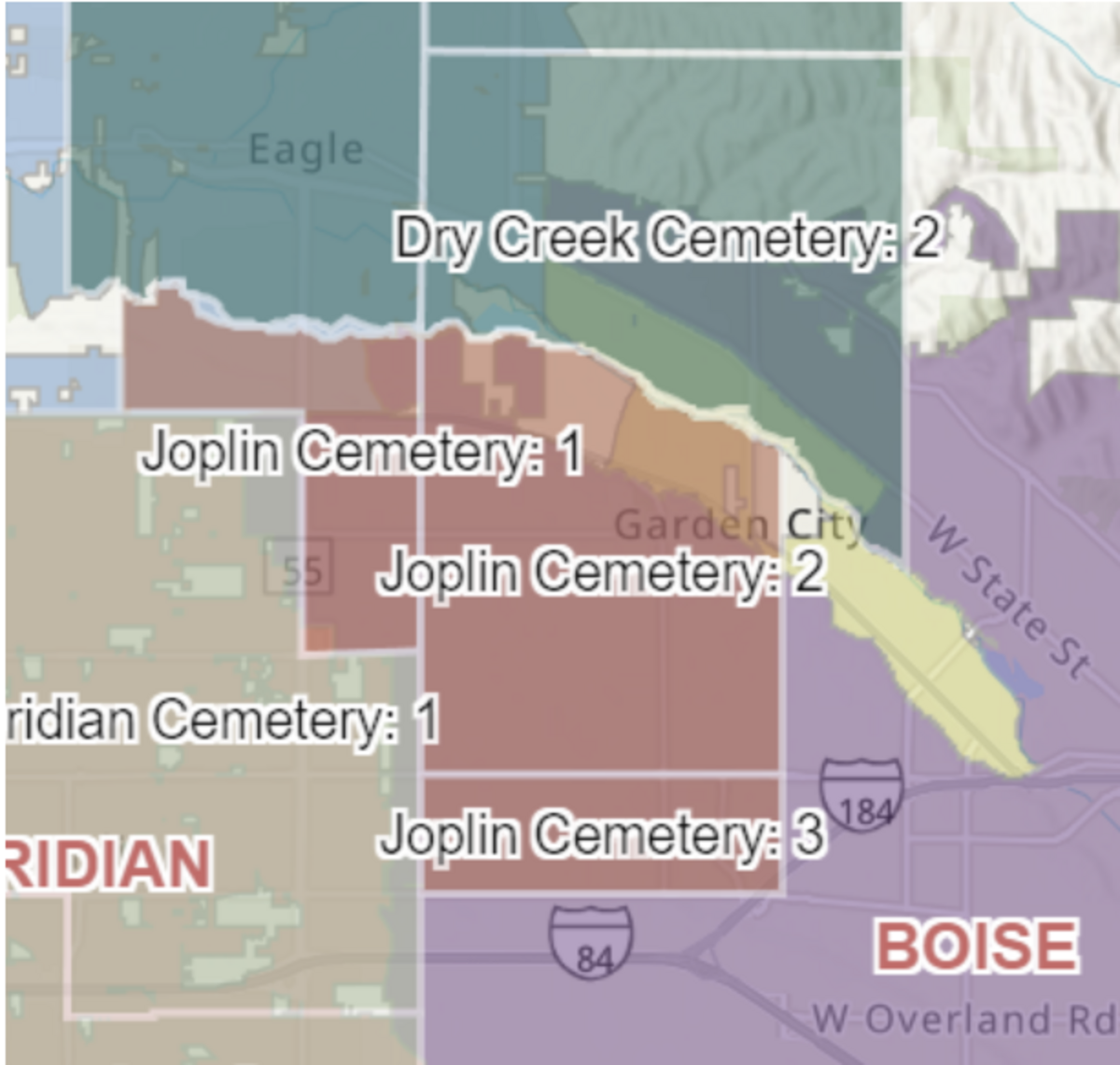 The Joplin Cemetery District covers portions of Northwest Boise, Eagle and Garden City. The numbers represent subdistricts from which voters elect commissioners.