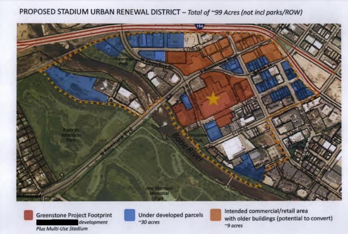 An early schematic charting the level of development around a proposed Boise sports stadium, ahead of creating a new urban renewal district to help pay for the project. The district boundaries suggested here are not necessarily current.
