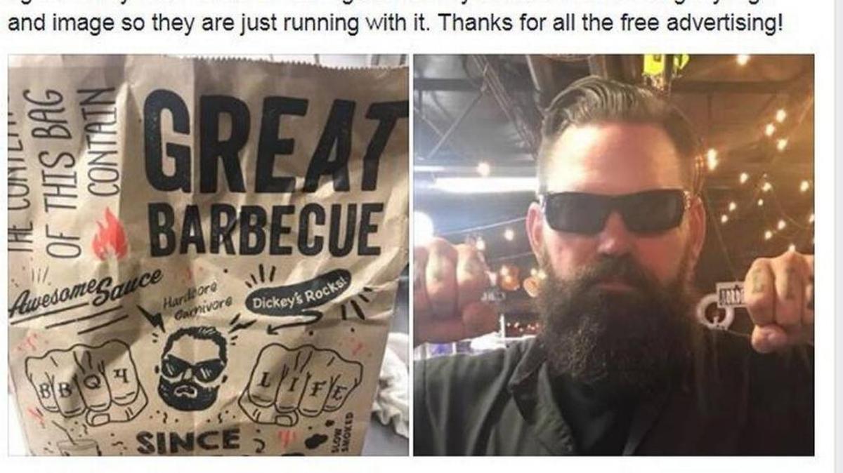 Brad Taylor, pictured right, believes that the images on the Dickey’s Barbecue Pit bag in the photo on the left look like him and his logo.