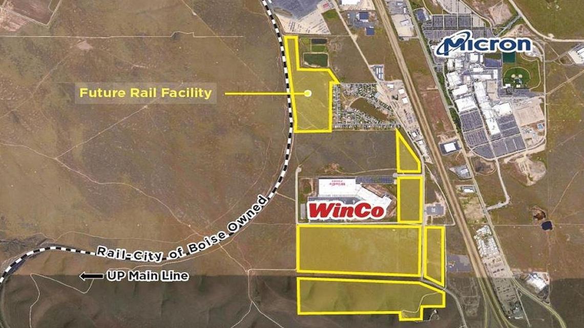 This overhead photo shows the location of six city-owned parcels, totaling 275 acres, south of Gowen Road that Boise leaders hope will be the location of a facility where, among other uses, trains and trucks transfer their loads.