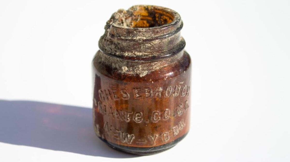 The archaeological dig at the home of outsider artist James Castle turned up art-related artifacts. But it also turned up modest household items that would have been in use at the time the Castle family lived at what’s now Castle Drive and Eugene Street in West Boise. The finds include this small brown glass vaseline jar with embossed manufacturer’s stamp: “Chesebrough Manfg. Co., New York.”