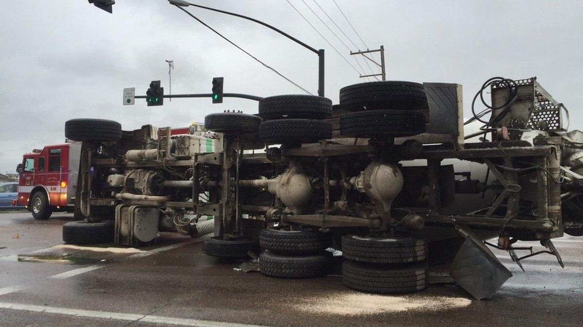 This cement truck wasn’t carrying a load when it hit a car and flipped over Monday afternoon, investigators said. The Eagle Fire Department tweeted this photo.