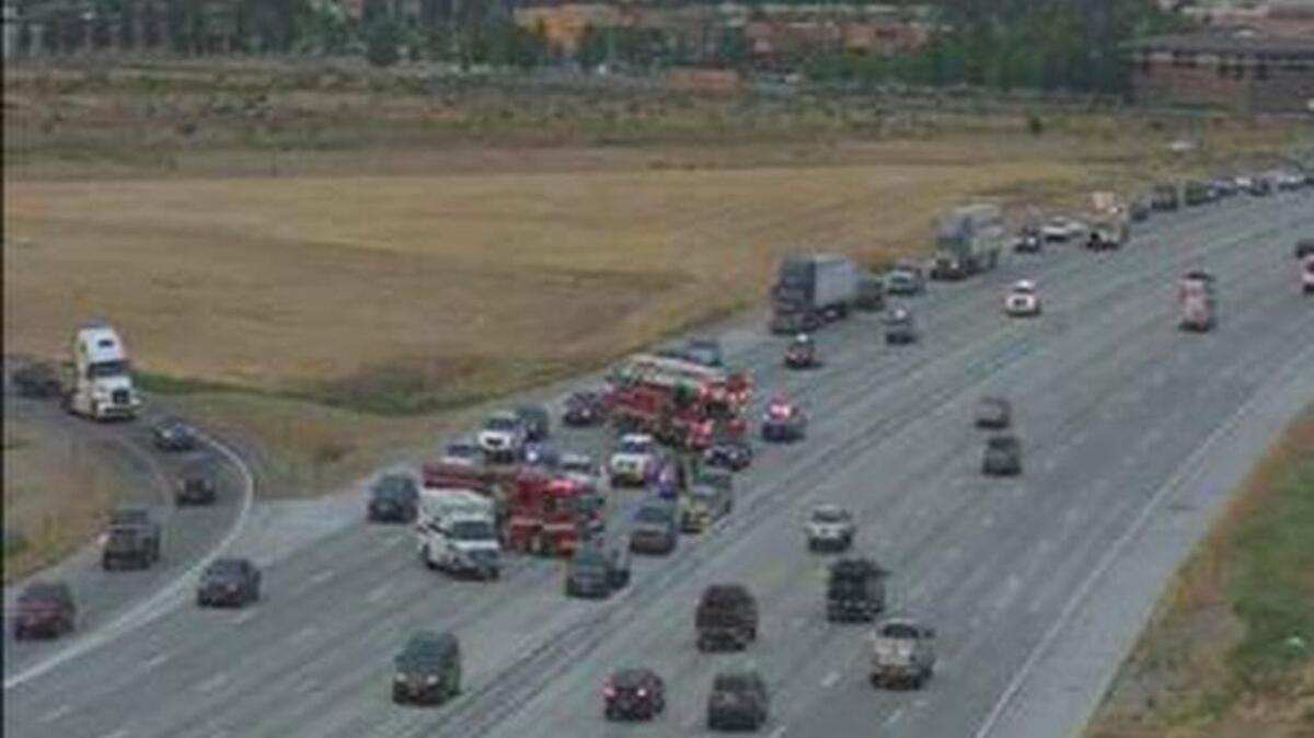 Four lanes of traffic were blocked on eastbound Interstate 84 near Eagle Road after a crash Thursday morning.