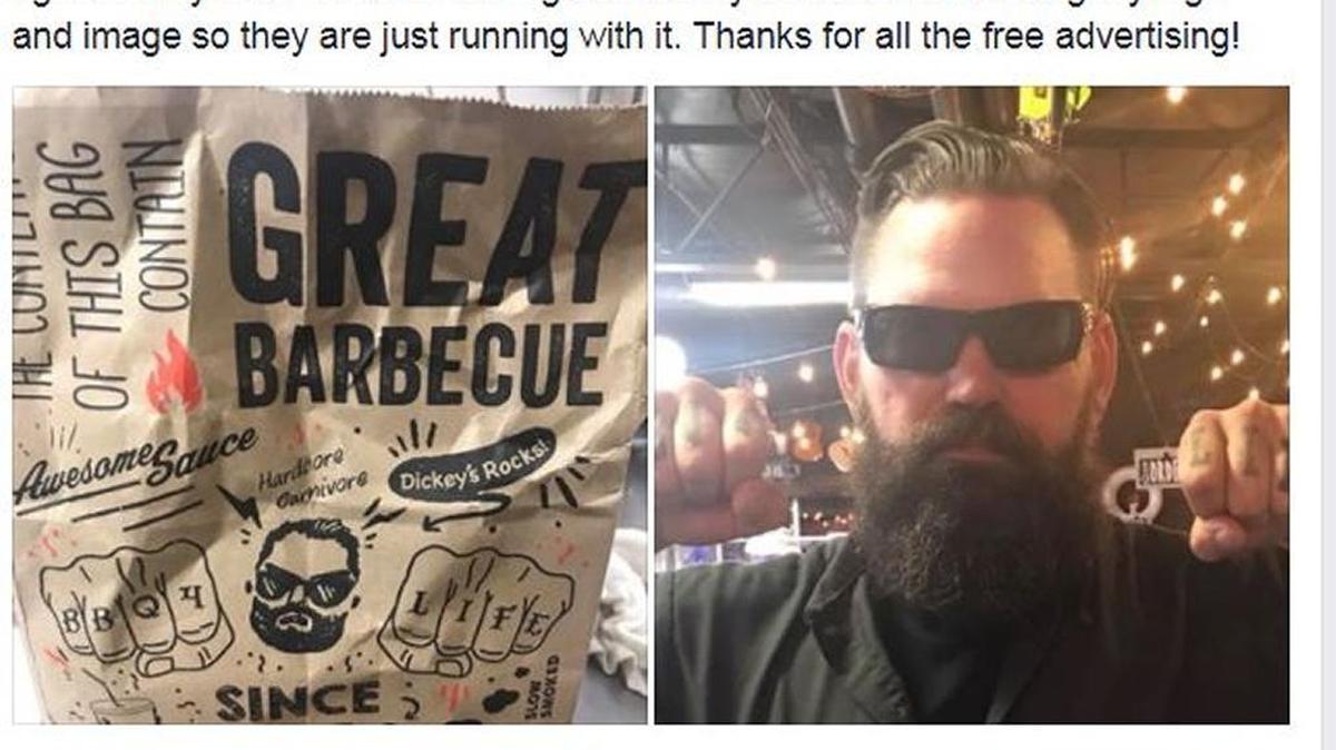 Brad Taylor, pictured right, believes that the images on the Dickey’s Barbecue Pit bag in the photo on the left look like him and his logo. His attorney sent a cease and desist order to the national chain.