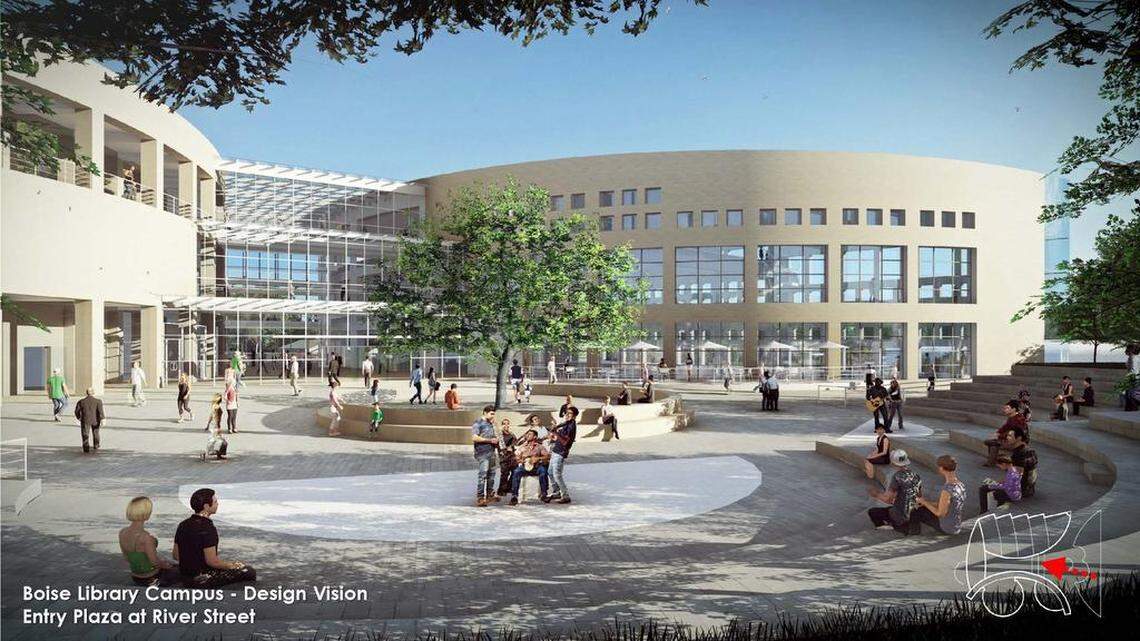 A funnel-shaped outdoor plaza along River Street forms the entrance to the main building in Safdie Architects’ design for Boise’s new main library.