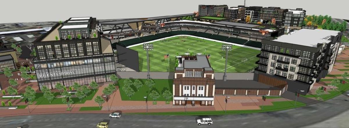 This rendering shows roughly what a new Downtown Boise stadium could look like from above Americana Boulevard. Some $60 million worth of private, multi-use development would surround the stadium.