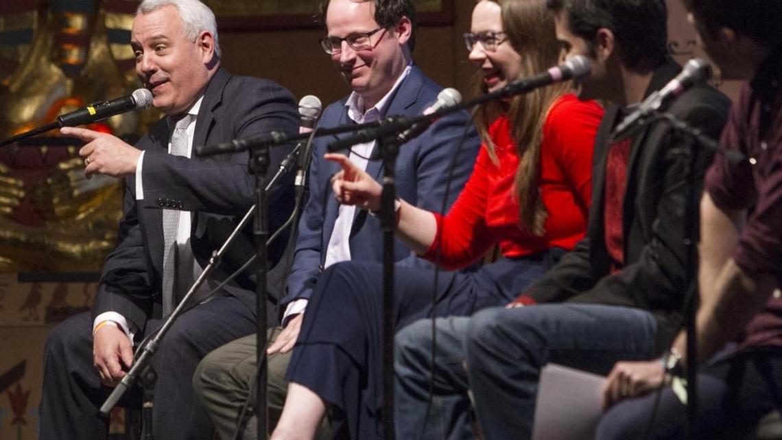 Mayor Dave Bieter, left, sits in with Nate Silver and the FiveThirtyEight panel during a live podcast Friday in Downtown Boise. The political podcast at The Egyptian Theatre was part of Treefort Music Fest.