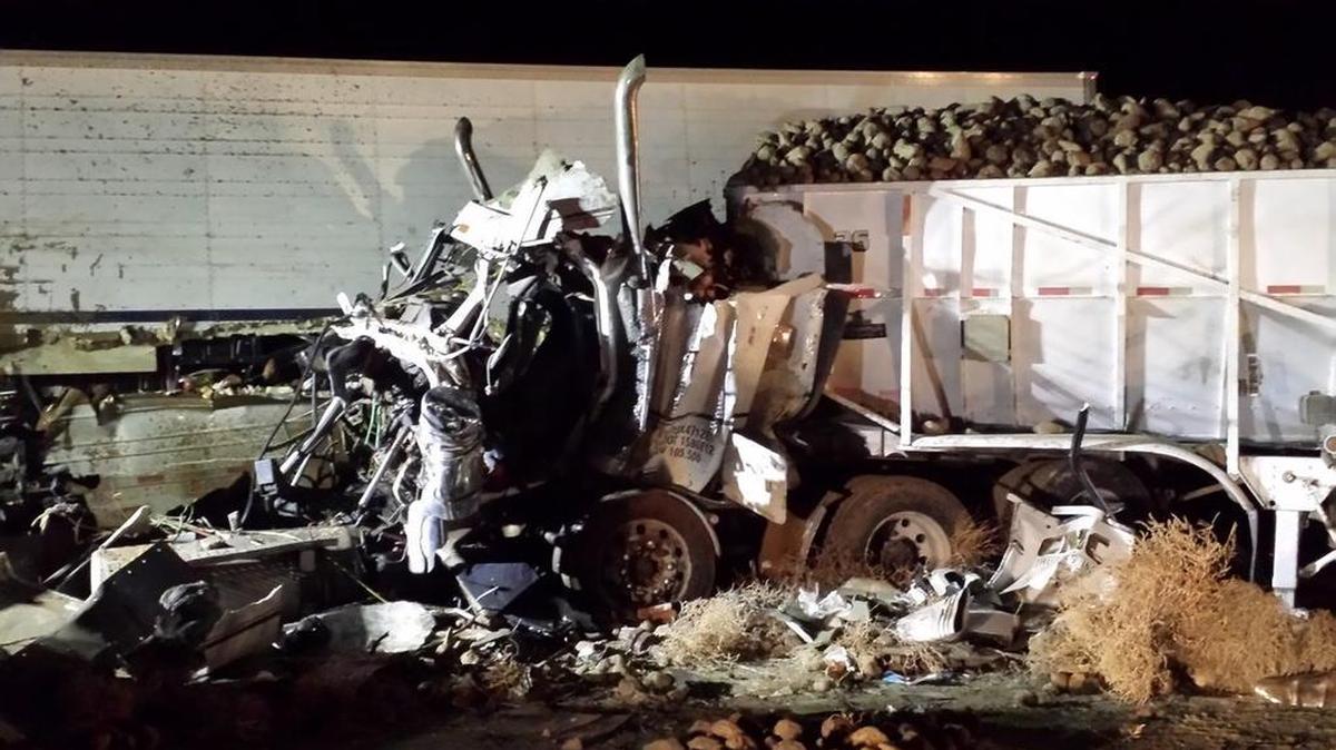 Oregon State Police provided this photo of the crash that killed a Caldwell truck driver and closed a section of Interstate 84 Tuesday night.