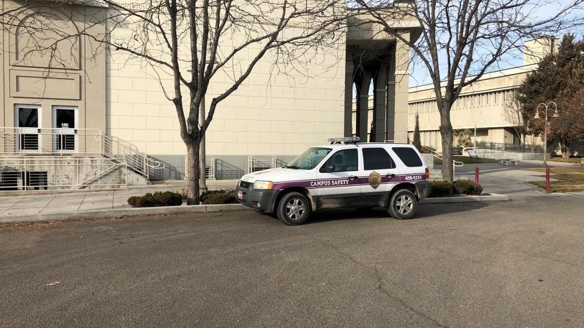 Campus safety officers parked outside a College of Idaho building on Monday afternoon as those on campus sheltered in place during a campus-wide lockdown.