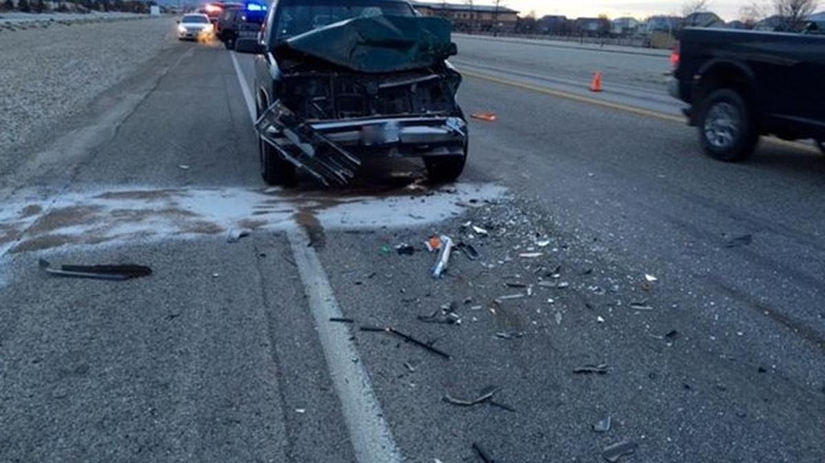 The driver of this pickup ran into the back of a school bus on Monday morning. No one was injured.