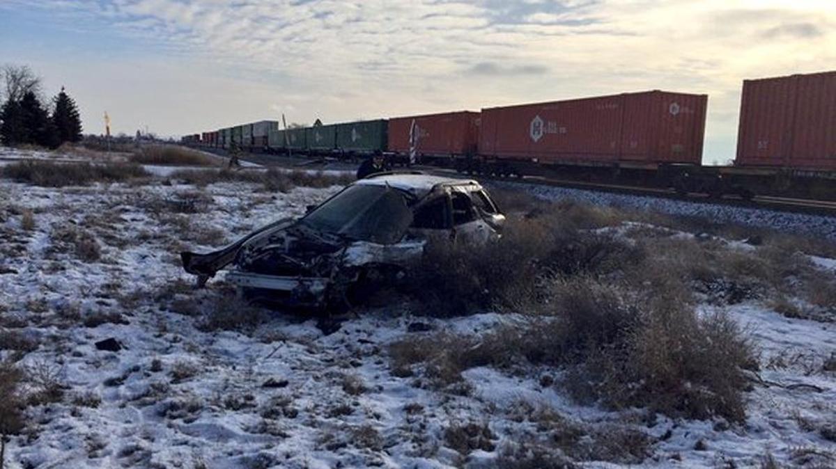 The driver of this car died Monday afternoon after he reportedly tried to drive across the railroad tracks on Black Cat Road in Kuna, into the path of an oncoming freight train.