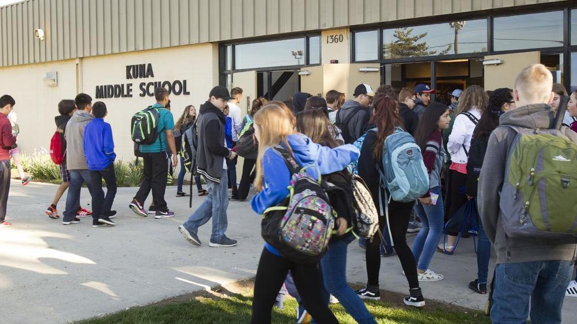 Students stream into Kuna Middle School. The town’s growth is part of the reason the school district sought a bond in March for building expansion.