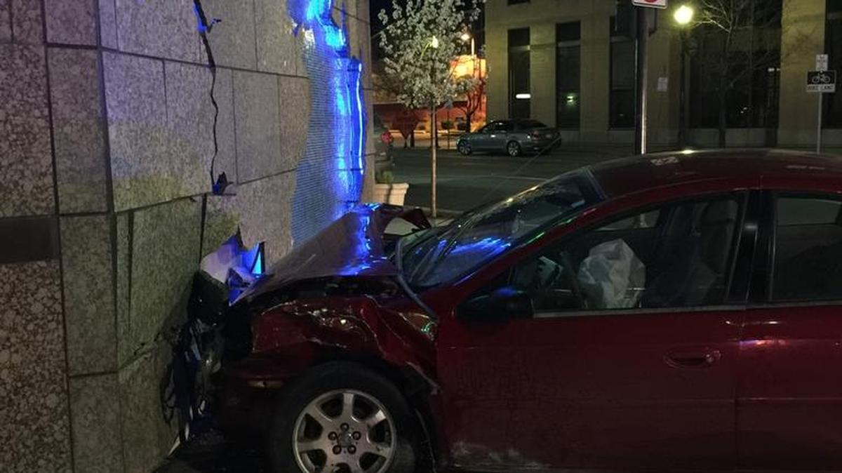 One person was hospitalized after this crash at the Grove Hotel, which happened early Sunday.