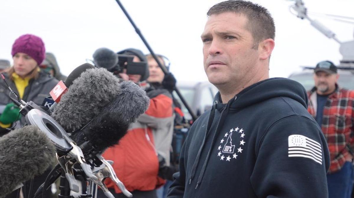 Brandon Curtiss speaks to reporters at the Malheur Wildlife Refuge after he and other armed members of the Pacific Patriot Network from Idaho, Washington and Oregon arrived at the wildlife refuge outside Burns, Oregon, on Jan. 9, 2016. Curtiss was then president of 3% of Idaho, a group he founded.