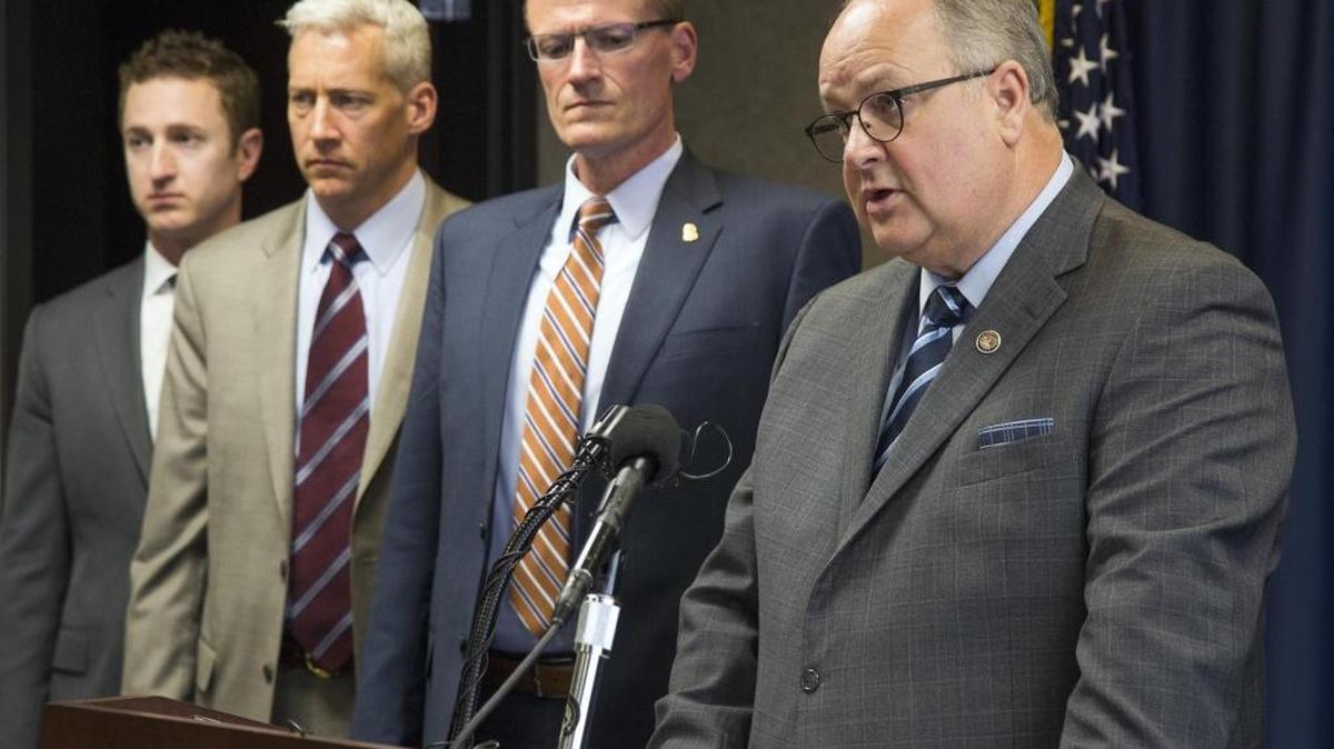U.S. Attorney Bart Davis announces the indictments of four current Idaho Department of Correction officers, a former IDOC officer, a former inmate at the prison and an associate of the inmate during a news conference at Thursday, April 12, 2018 in Boise. The seven defendants were arrested earlier that day on varied charges of conspiracy to aid and abet the distribution of controlled substances, contraband cigarettes, and possession of a firearm in furtherance of a drug trafficking crime.