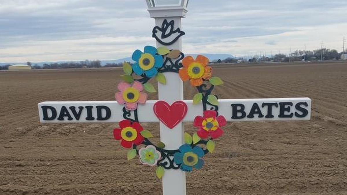 A memorial for David Bates marks the spot where he was killed in a Jan. 9 collision on Oregon Highway 201 near Ontario.